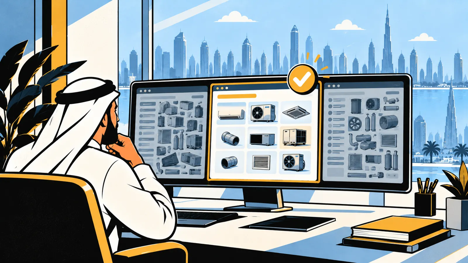 Procurement manager comparing three supplier websites side by side to choose a B2B supplier in the UAE