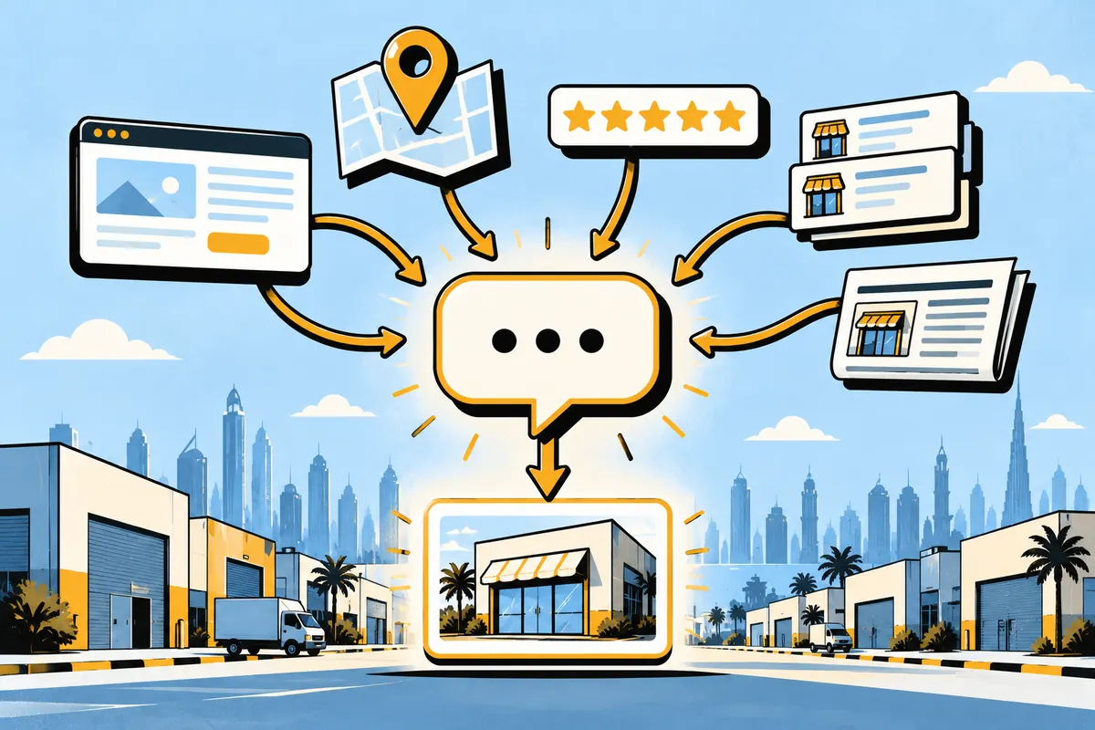 Diagram of AI answer engines drawing on websites, reviews, directories and maps to choose which UAE businesses to recommend