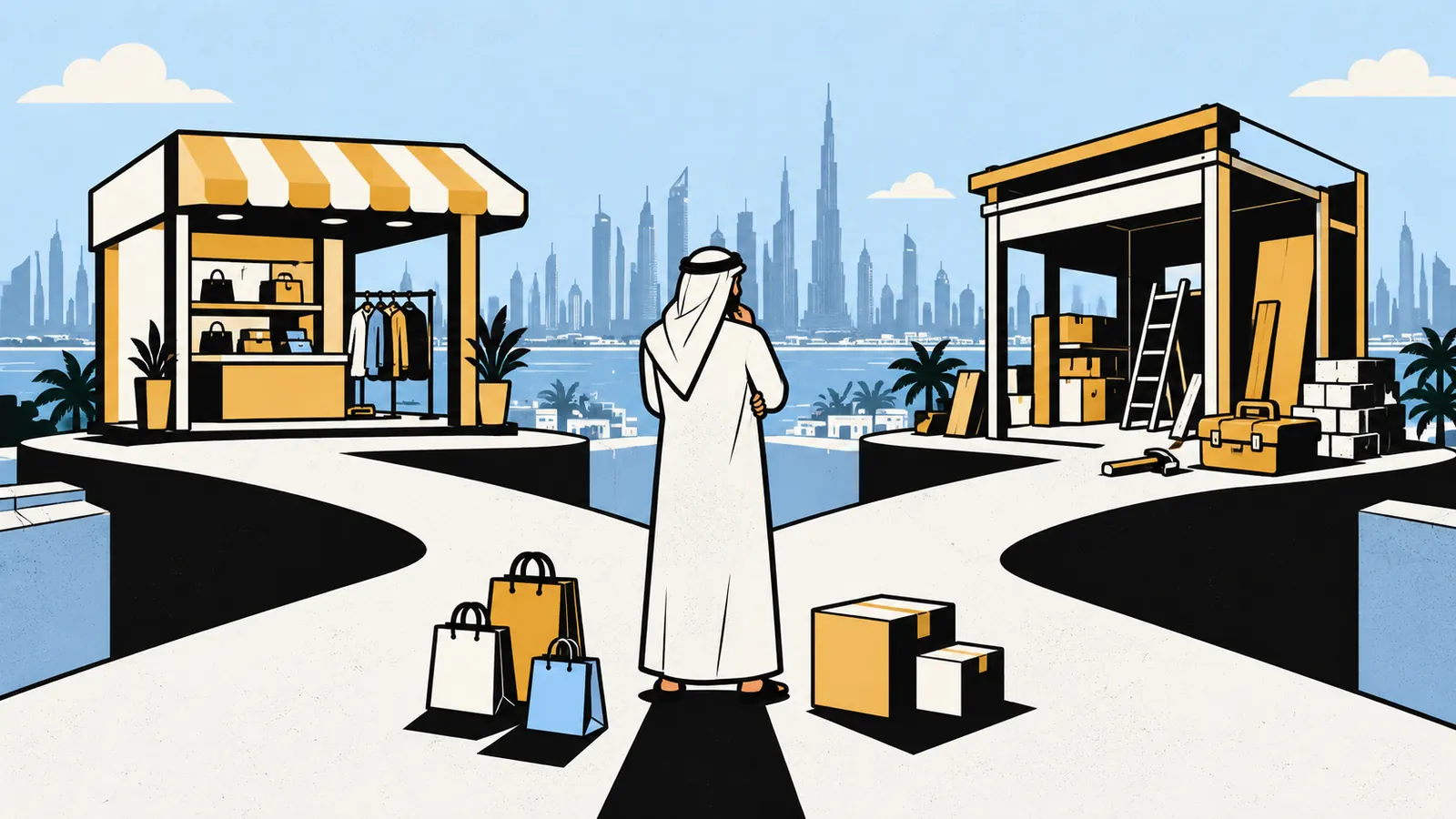 Illustration of a UAE shop owner choosing between Shopify and WooCommerce paths for an online store