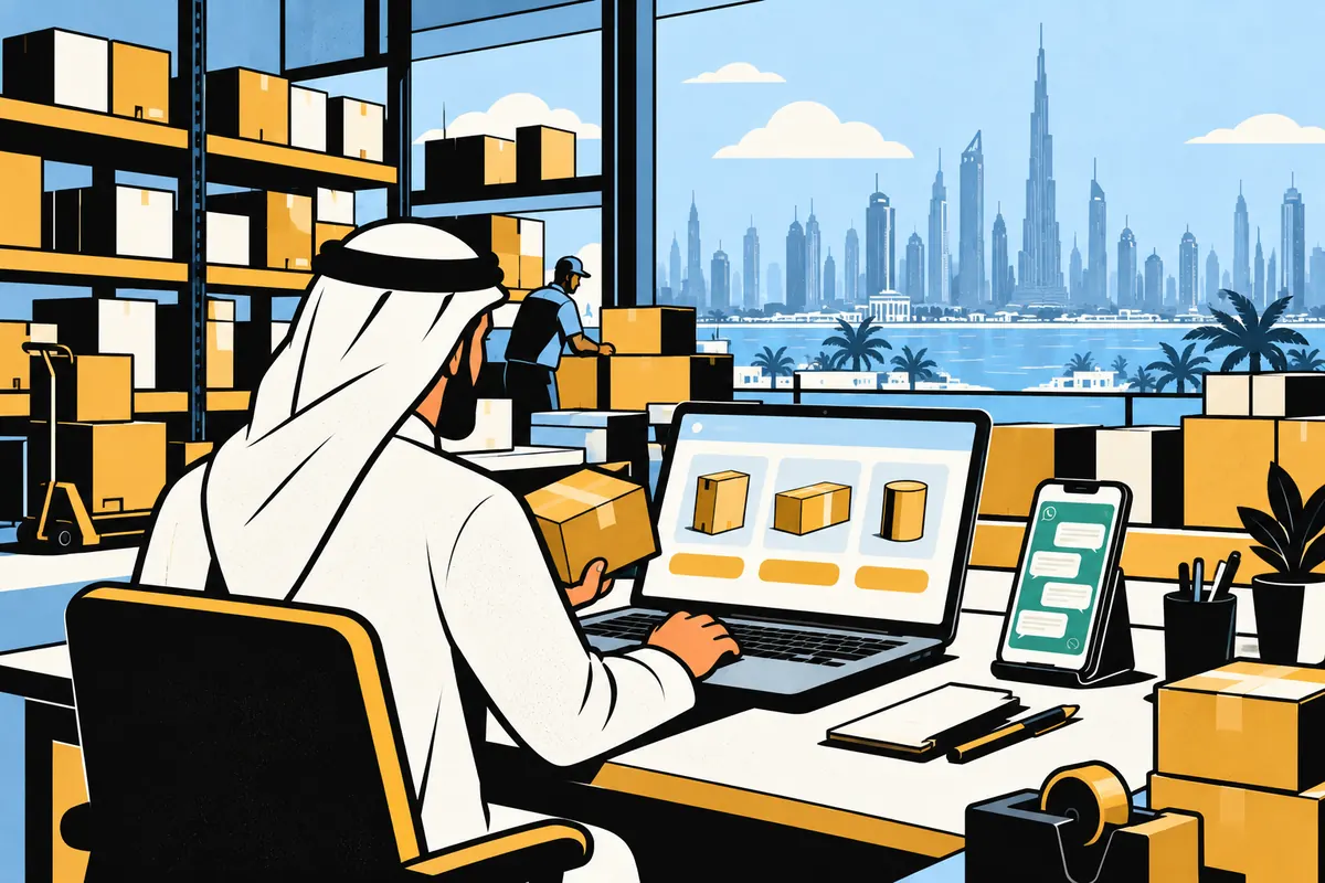 UAE seller managing ecommerce products on a laptop while handling WhatsApp orders on a phone