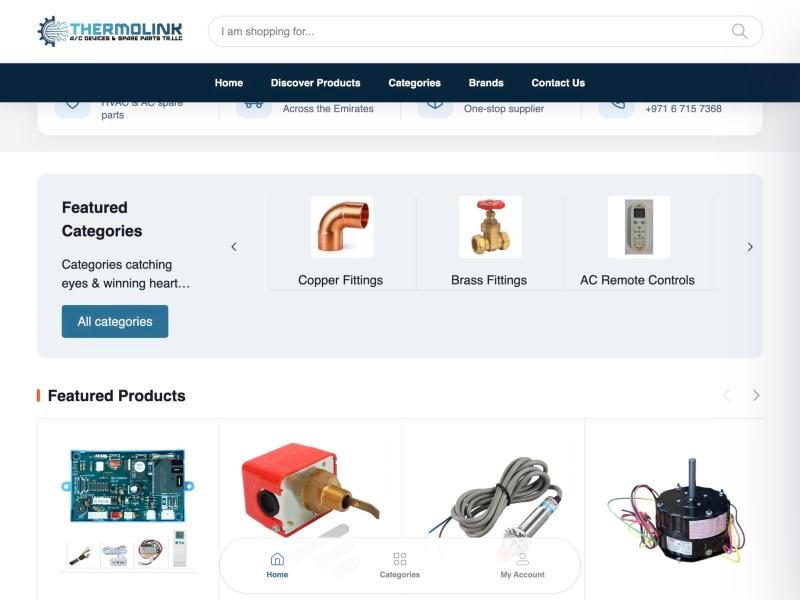 Thermolink website featured categories and featured products on a desktop screen