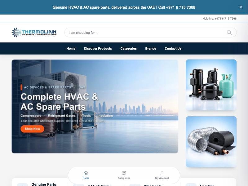 The Thermolink website home page on a desktop screen, with the search bar, navigation, banner and feature strip