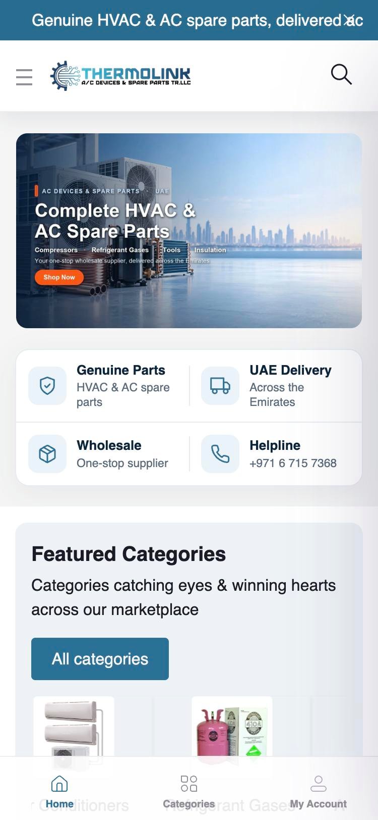 The Thermolink website home page on a phone screen